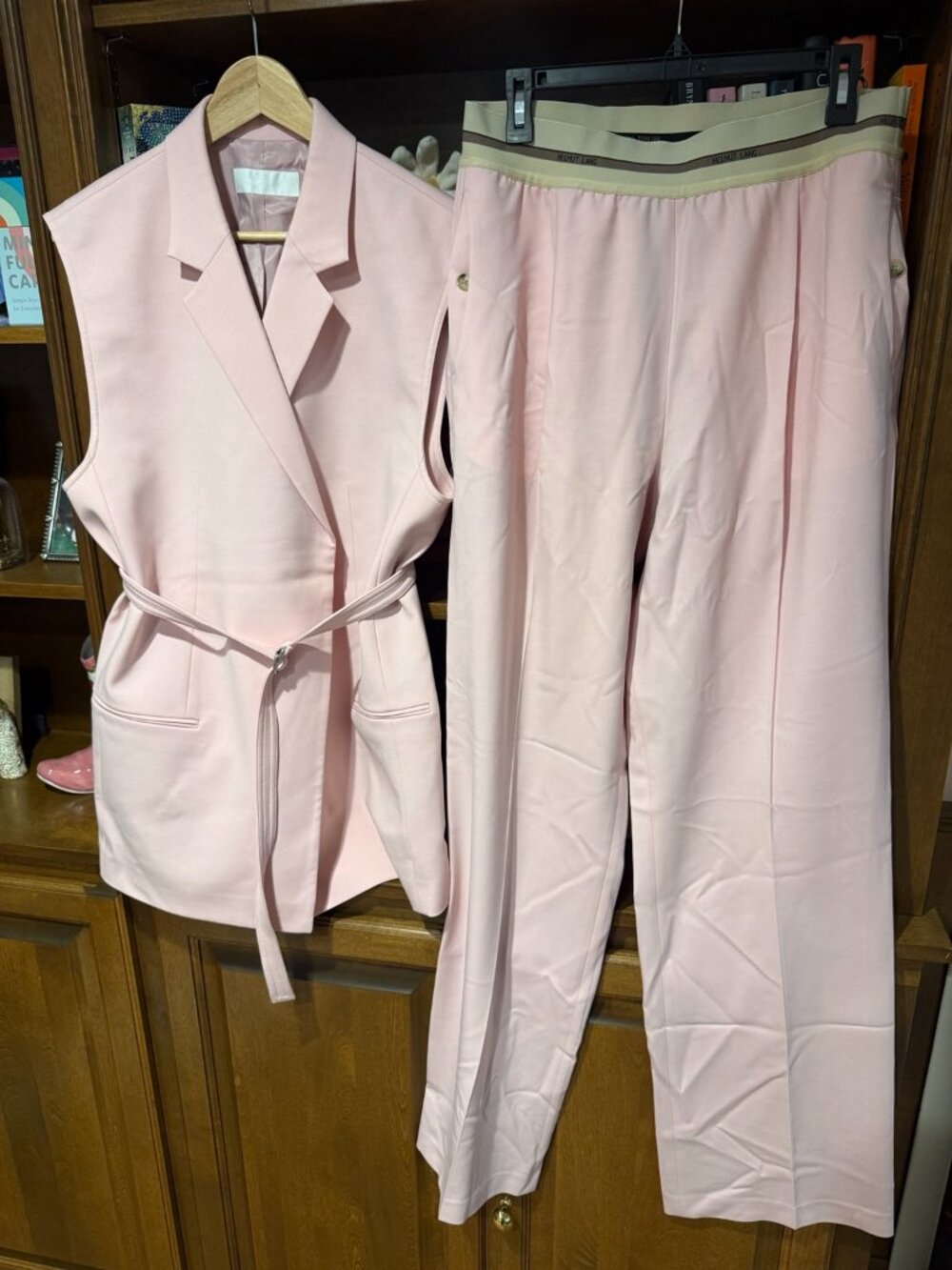 Helmut Lang Blush Pink Belted Vest & Wide Leg Trouser Suit Set Size 12